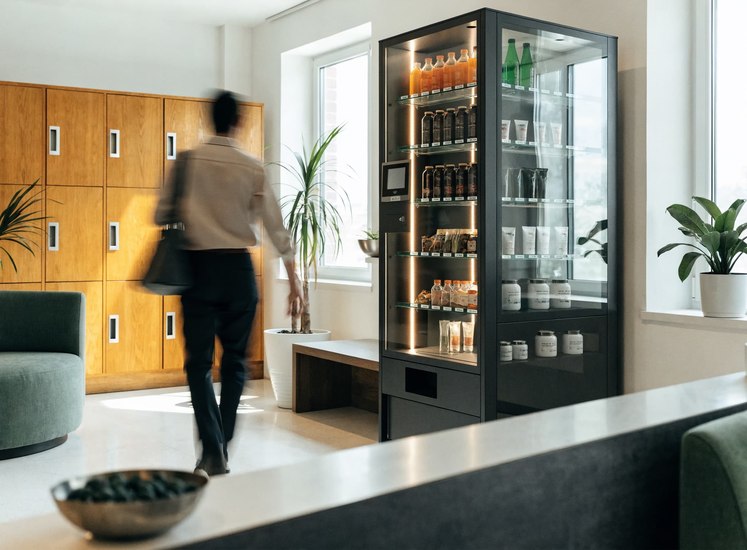 Modern glass front smart vending machine in a stylish apartment lobby