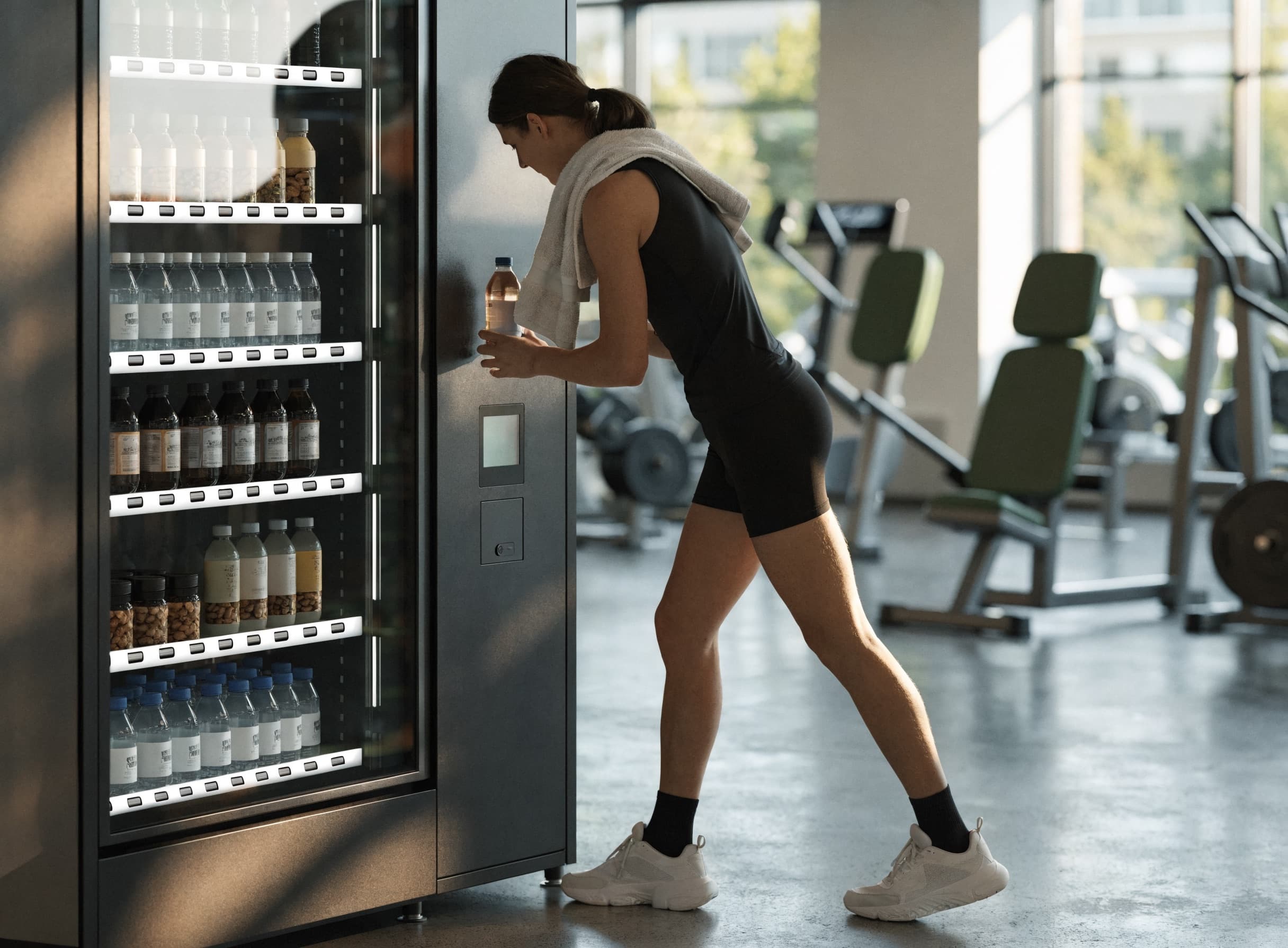Smart vending machine stocked with healthy drinks inside a modern gym