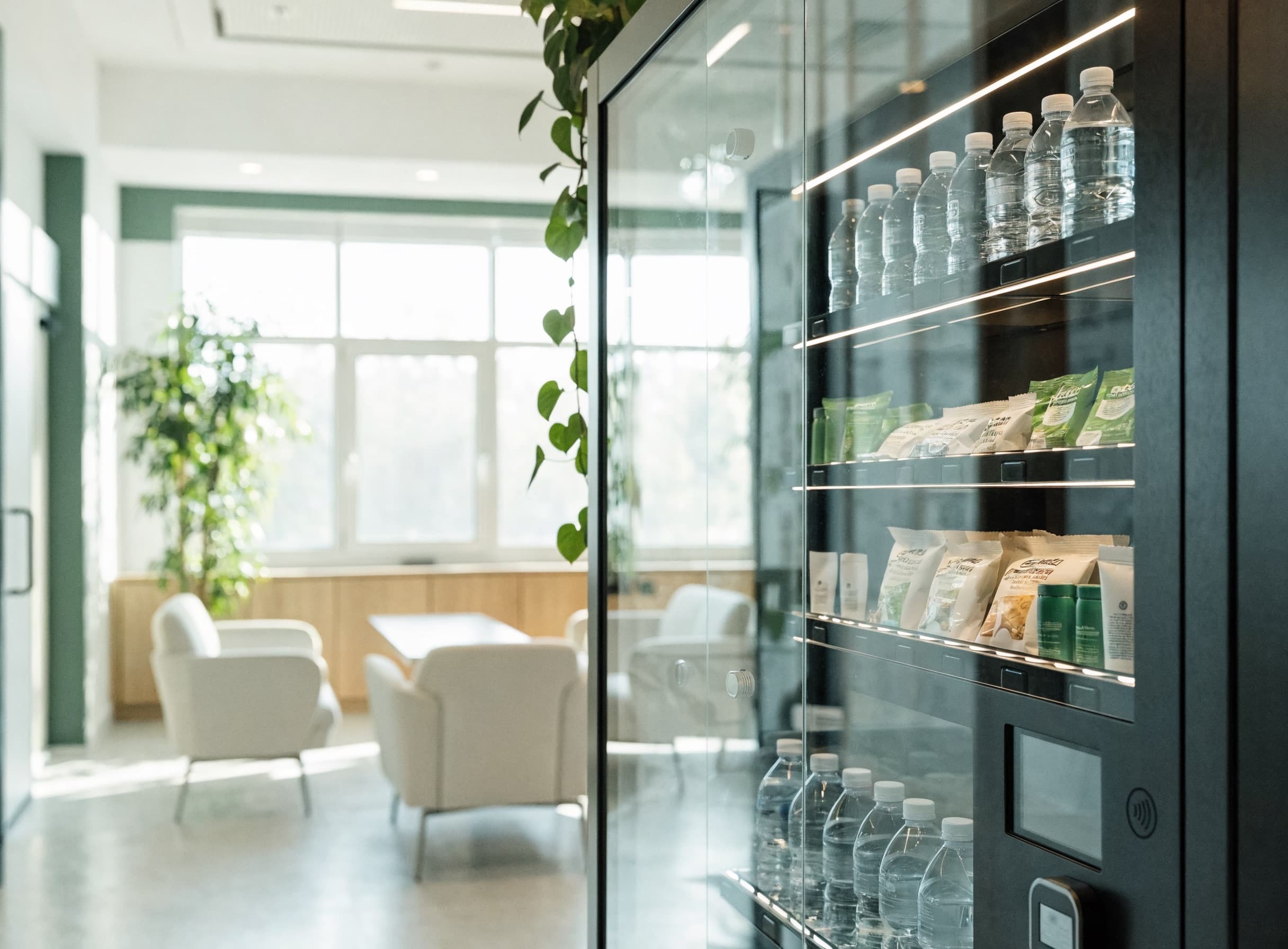 Clean modern smart vending machine in a bright medical clinic waiting area
